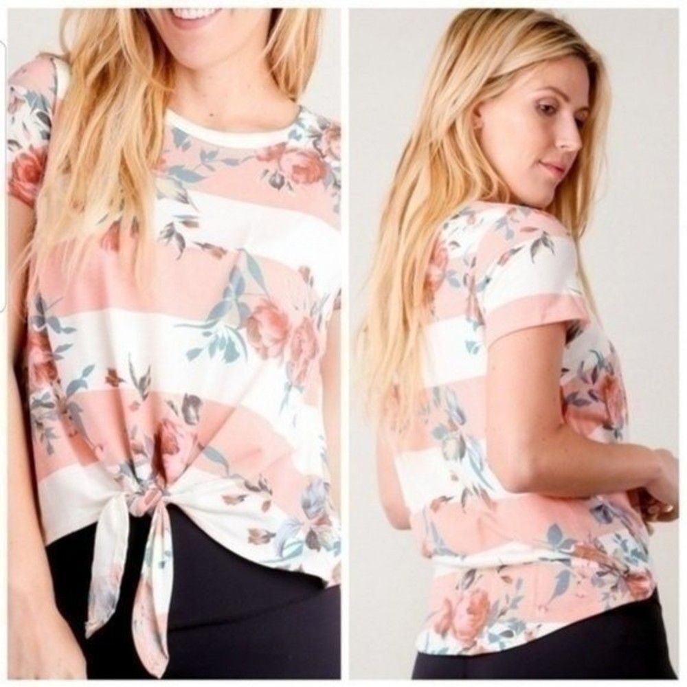 Boho Front Knot Floral Knit Top with Pink & White Stripes Size Medium 5 0015